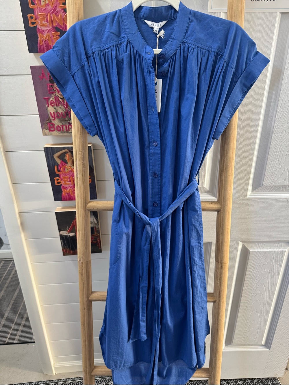 Midi Button-Front Tie-Waist Dress in Royal Blue